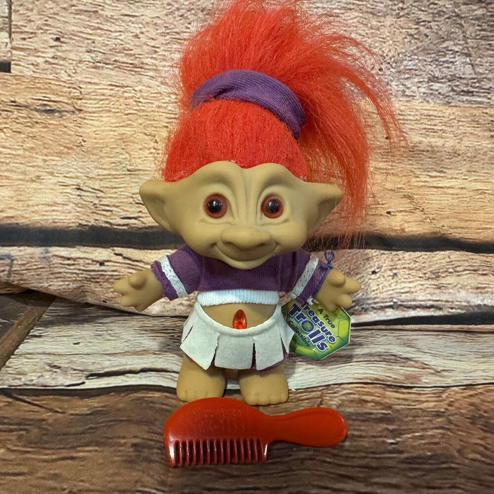 Vintage 1998 Galoob Treasure Trolls Poko Cheerleader 5" Doll Tag Comb Complete